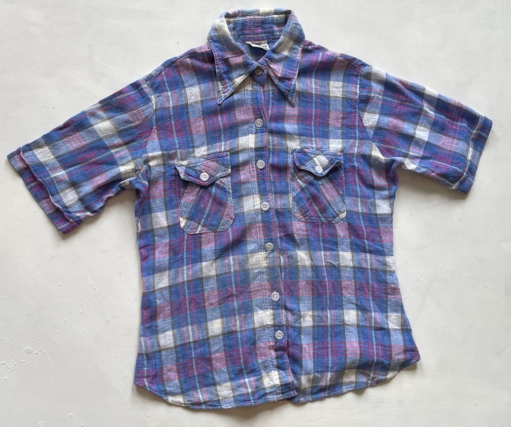 Vtg 1960s 70s Womens Checked Cheesecloth Cotton Shirt Top