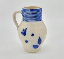 Vintage Salt Glaze Pottery Pitcher Vase Mug Jug Cobalt Blue with Handle 6" Heavy