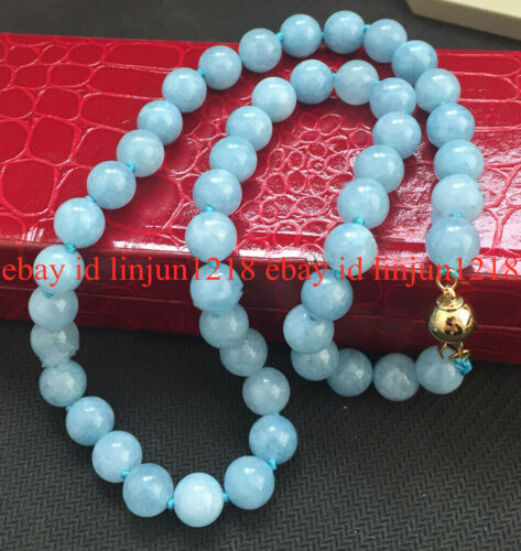 Natural 8mm Blue Aquamarine Round Gemstone Beads Necklace 18'' AAA - Picture 1 of 12