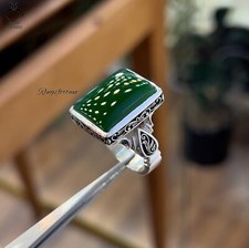 Elegant Square Yemeni Aqeeq Ring Handmade Pure Silver Green Agate Stone