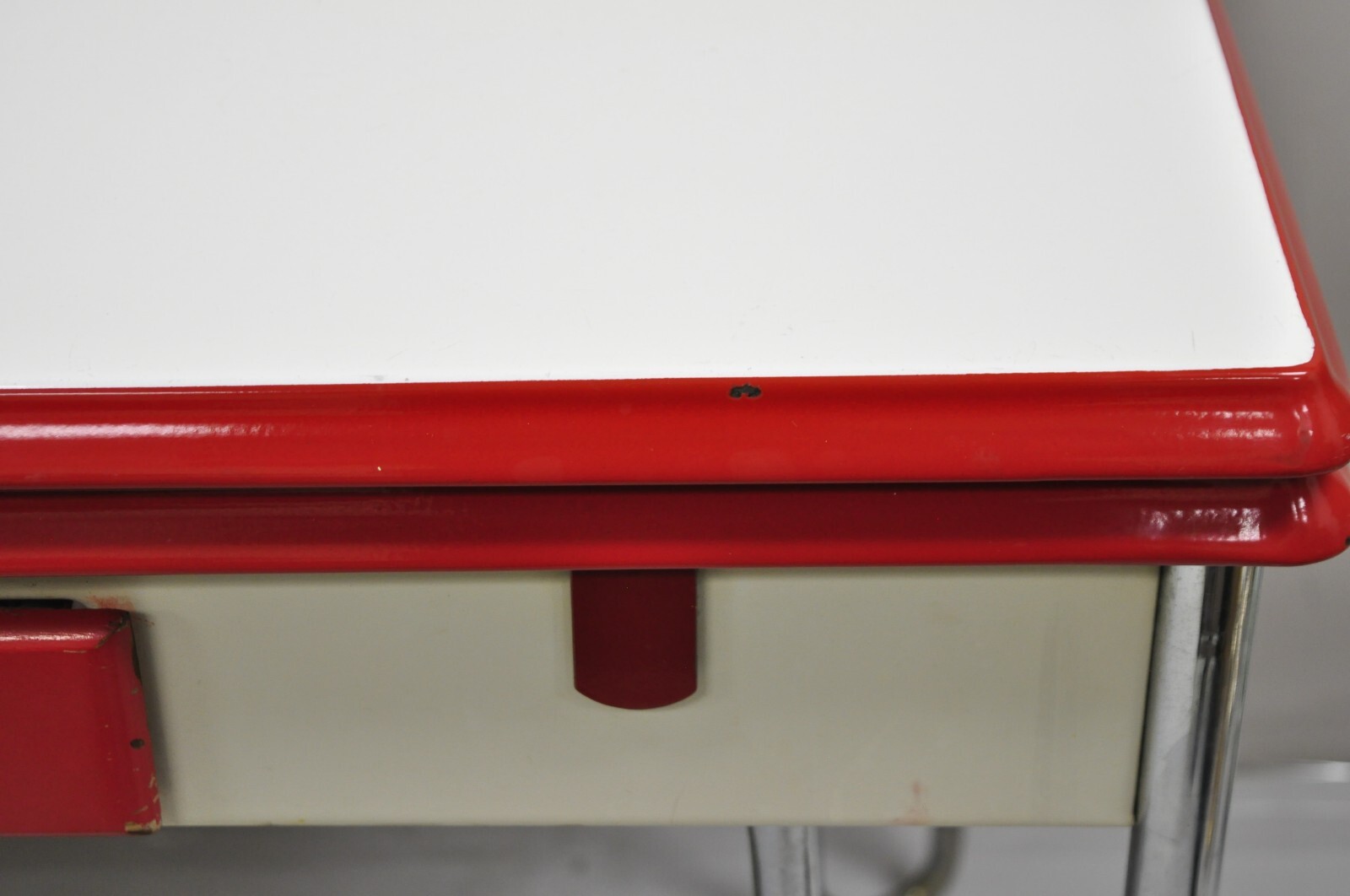 Antique Art Deco Red and White Porcelain Enamel 40” Extension Kitchen