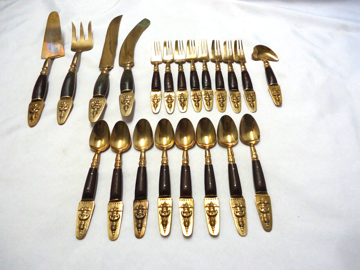 カトラリー(スプーン等) Thai Brass flatware Vintage Thai Brass Flatware Serving Pieces: Rosewood Mid Century