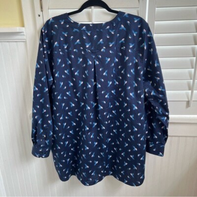 は Duluth Trading 89814 Navy Blue Bird Print Collarless
