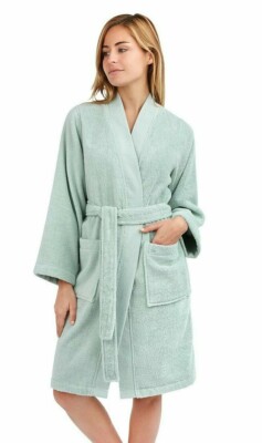 Yves Delorme Bath Robe XL Astree Kimono Cotton Light Green Waffle Weave Border
