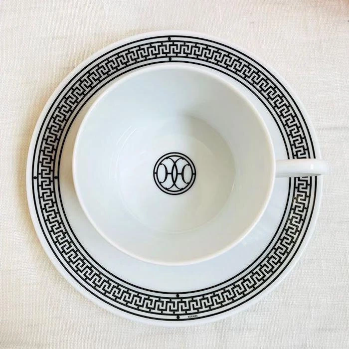 Hermes Taza de Té Platillo H Deco Blanco Negro Vajilla Juego de 2 Café Latte Auténtico Nuevo Foto 4 de 4