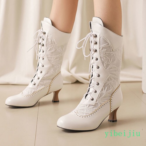 Women's Mid Calf Kitten Heel Ankle Boots Lace Up Leather Shoes Leather Vintage - Picture 22 of 30