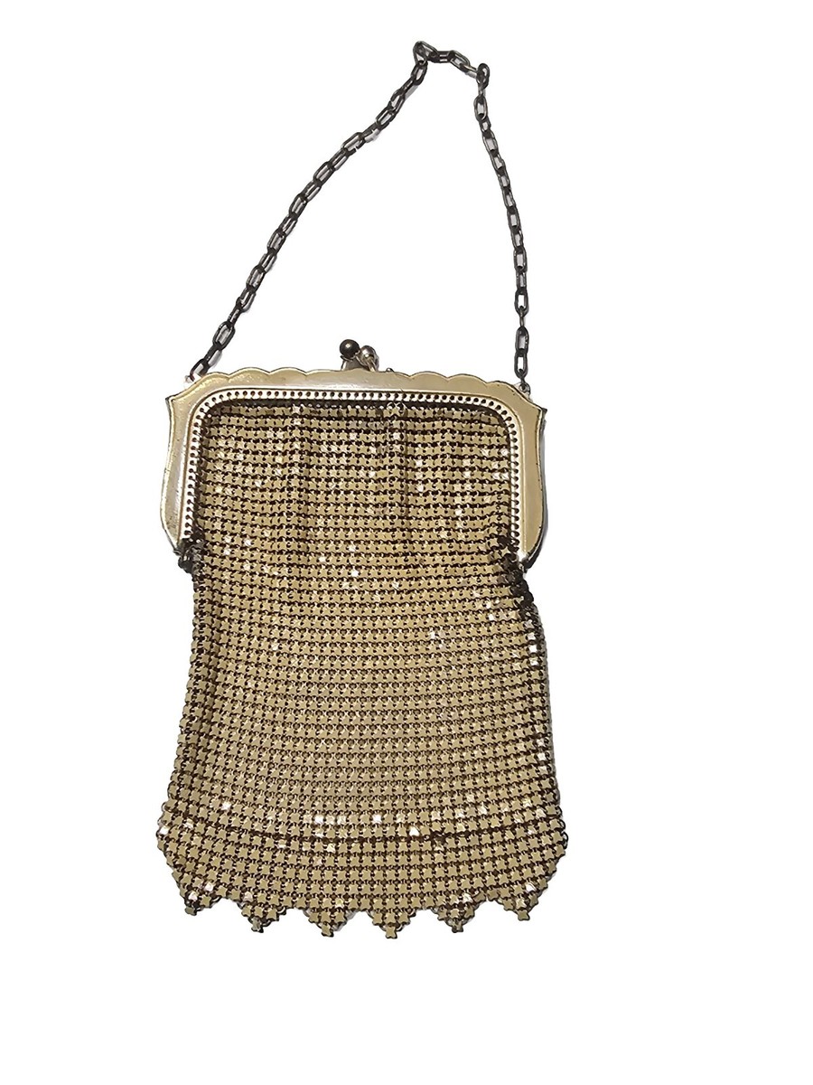 Vintage Whiting & Davis Mesh Purse 1920s Enamel Cream Flapper Art