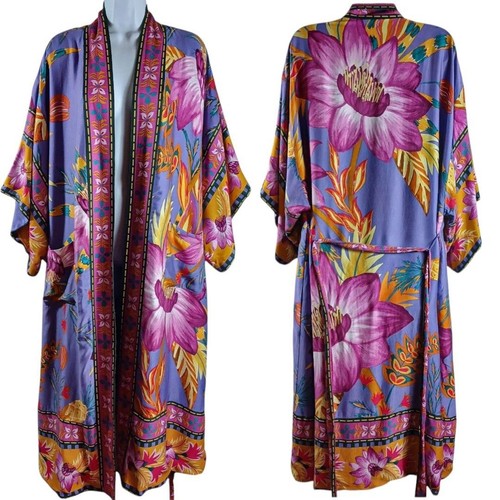 VTG Tropical Floral Kimono Robe L Lounge Boho Wrap Purple Magenta Maxi Duster - Picture 2 of 11