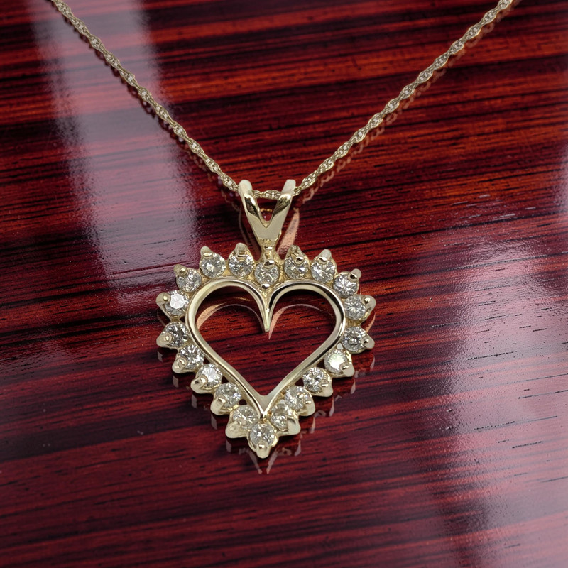ESTATE SOLID 10K YELLOW GOLD NATURAL DIAMONDS 1" HEART PENDANT 18" NECKLACE 7915