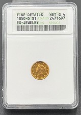 1850 D $1 Liberty Head Gold Dollar, Type 1, ANACS Fine, Old Soap Box Case