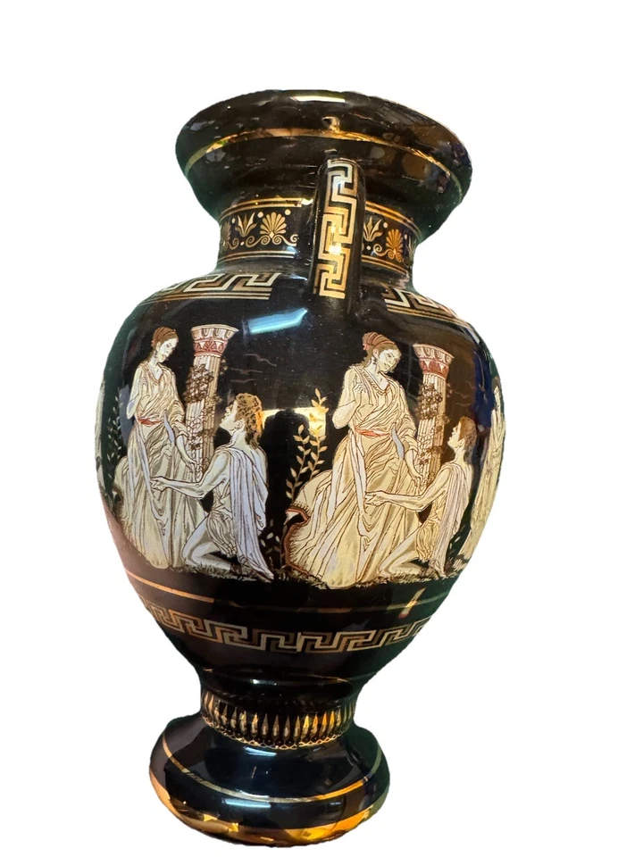 Handmade Greek Olympia Amphora Vase Black Figural Scene 24k Gold Ancient Greece - Image 2 of 4