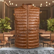 Men's Lambskin Leather Down Puffer Biker Vest Soft Padded Polyester Insulation