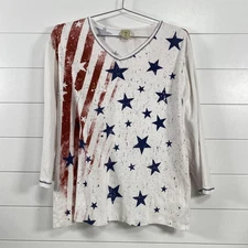 Jess & Jane Shirt Womens 2X Stars and Stripes USA Flag Patriotic Rhinestone Top