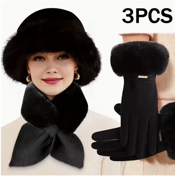 WOMENS HAT SET-3pcs BLACK Winter Warm Accessory Set - BLACK