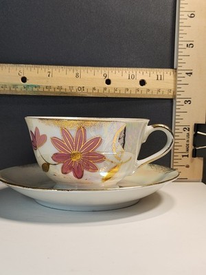 Vintage Nasco Japan Porcelain Floral Painted Cup & Saucer Set Gold Accents MCM