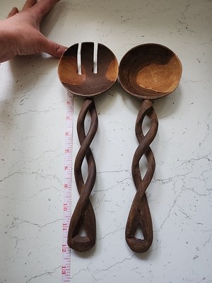 Servierutensilien Set Holz Salatgabel Löffel Handarbeit geschnitzt Kunstwerk 12''