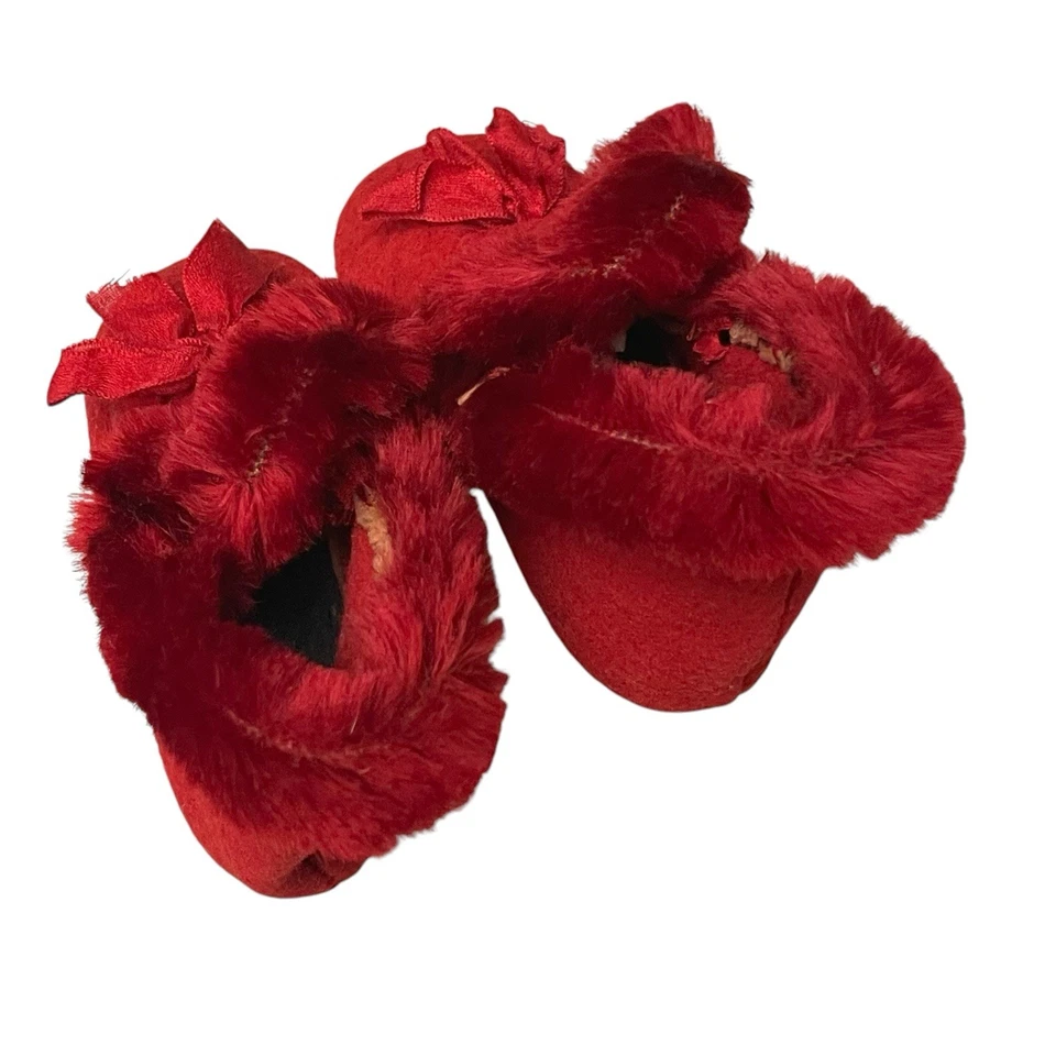 Edwardian Victorian Children Shoes Red Felt, Faux Fur,  Slippers Size 3.5 - Image 3 of 4