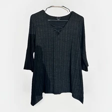 AB Studio Women's Black Criss Cross V Neck 3/4 Bell Sleeve Textured Top, Size M