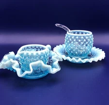 Vntg Blue Fenton Hobnail Cream, Sugar & Spoon Set & Ruffled Saucer/Plate 5 Piece