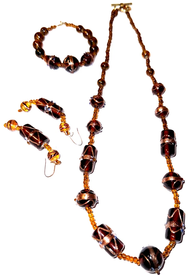 VINTAGE AMBER COLORED STUDIO ART GLASS NECKLACE EARRINGS BRACELET ARTISAN PARURE - Image 2 of 4