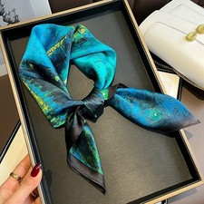 100 Silk 27'' Square Scarf Women Neckerchief Wrap Kerchief Bandana Cyan Flowers