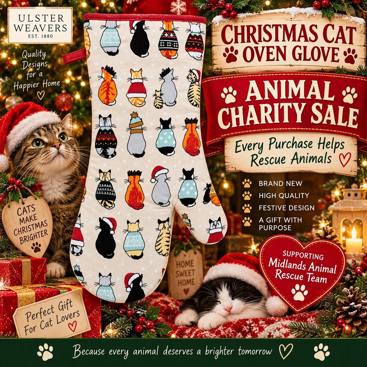 Gauntlet Oven Glove Ulster Weavers Cats In Waiting 100% Cotton Red - Image 2