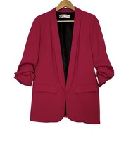 Zara Fuchsia Ruched Sleeve Open Front Blazer Pink Workwear Jacket Size S