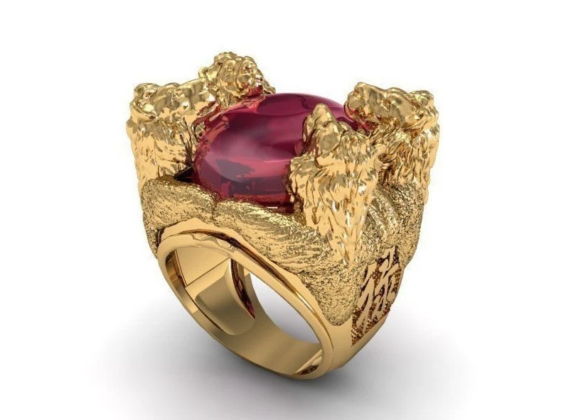 Antique 4 Lion Head Ring, Ruby Tiger Ring, Lion handmade mens ring - Image 3 of 4