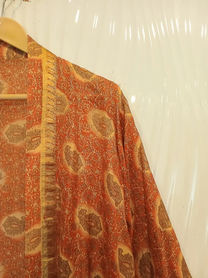 Bata midi kimono de seda pura hasta la rodilla vestido kimono de seda naranja MKMO2201 Foto 4 de 4