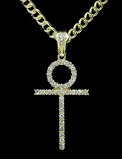 Thin Icy Ankh CZ Pendant 14k Gold Plated w/ 24" Link Chain Hip Hop Necklace