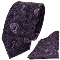 Schmale Tigertie Krawatte + Einstecktuch Lila Violett Flieder Paisley Gemustert