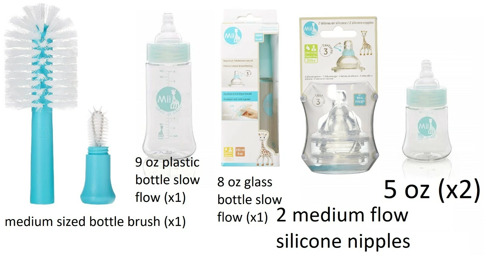 Vulli Mii Plastic (x3) Glass (x1) Slow Flow Baby Bottles w Nipples + Brush Set