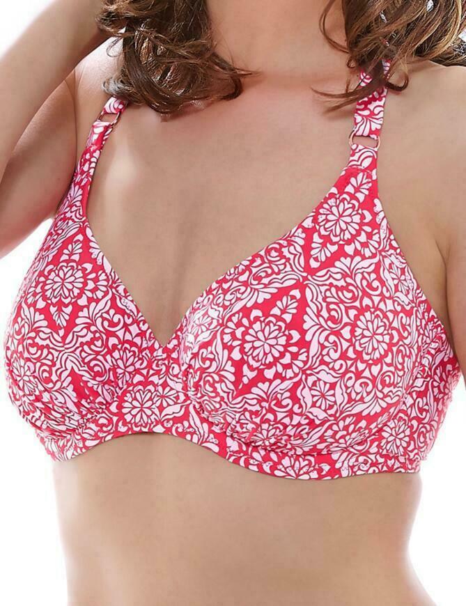 Fantasie San Francisco Bikini Top Size 32D Red White Underwired Halter Bra 6143