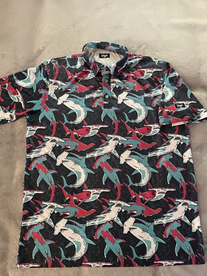 Waggle Men's Golf Polo Shirt Mens XL Stretch Sharks All Over Print | eBay