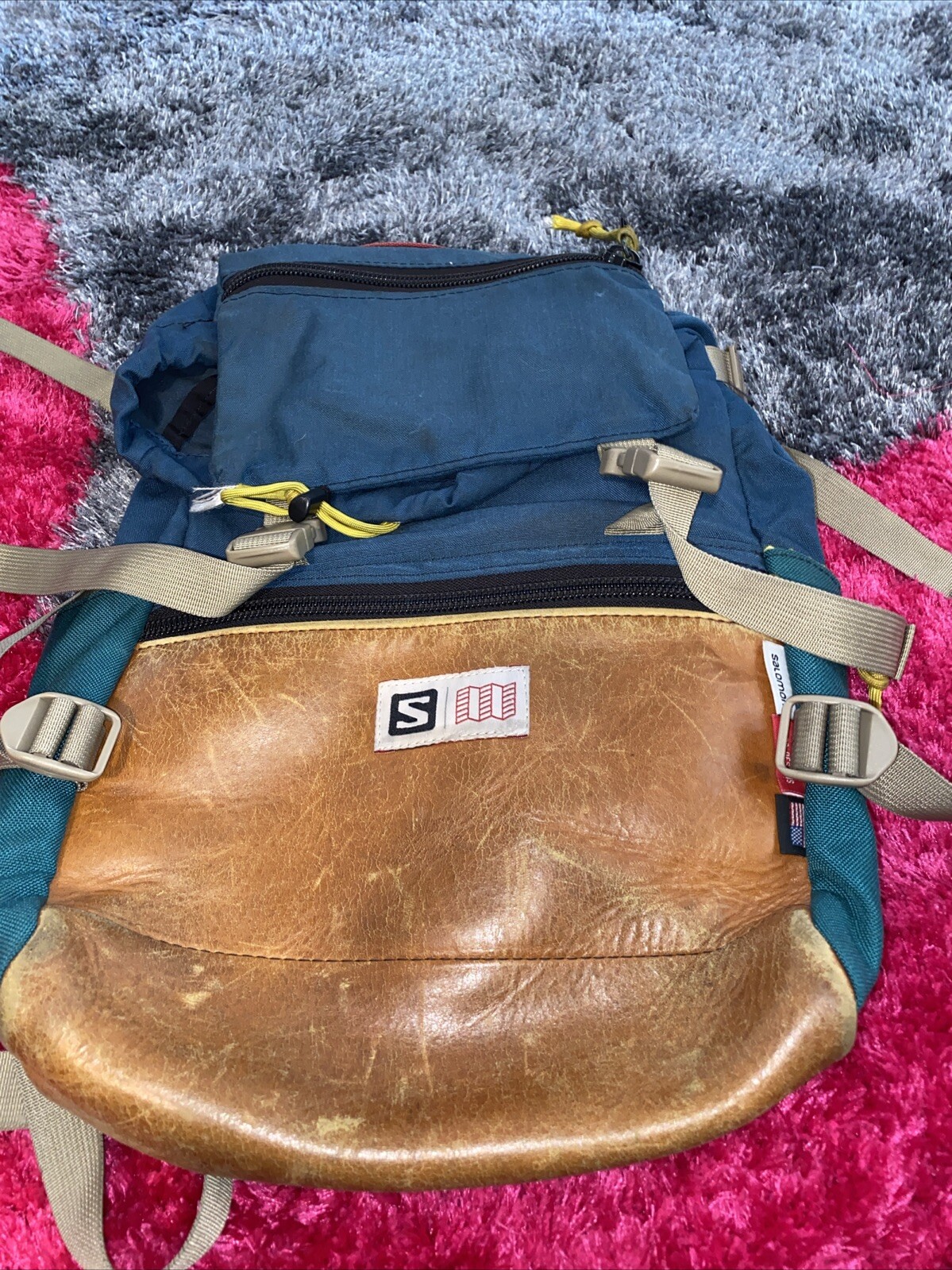 Zaino Salomon vintage anni 90 fondo pelle cinch giorno palestra spiaggia borsa made in USA