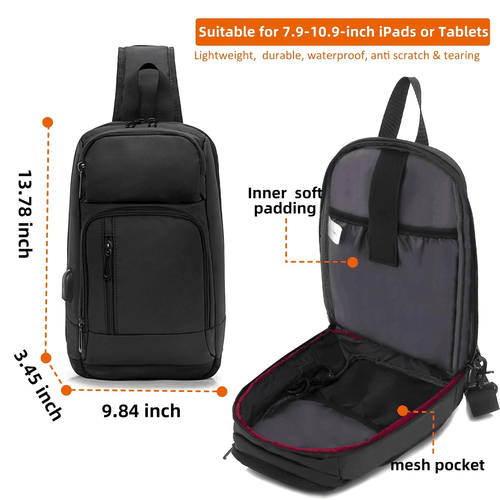 Sling Bag for Men Black Crossbody Bag with USB Charging Port Fits 10.2 inch iPad - Picture 3 of 6