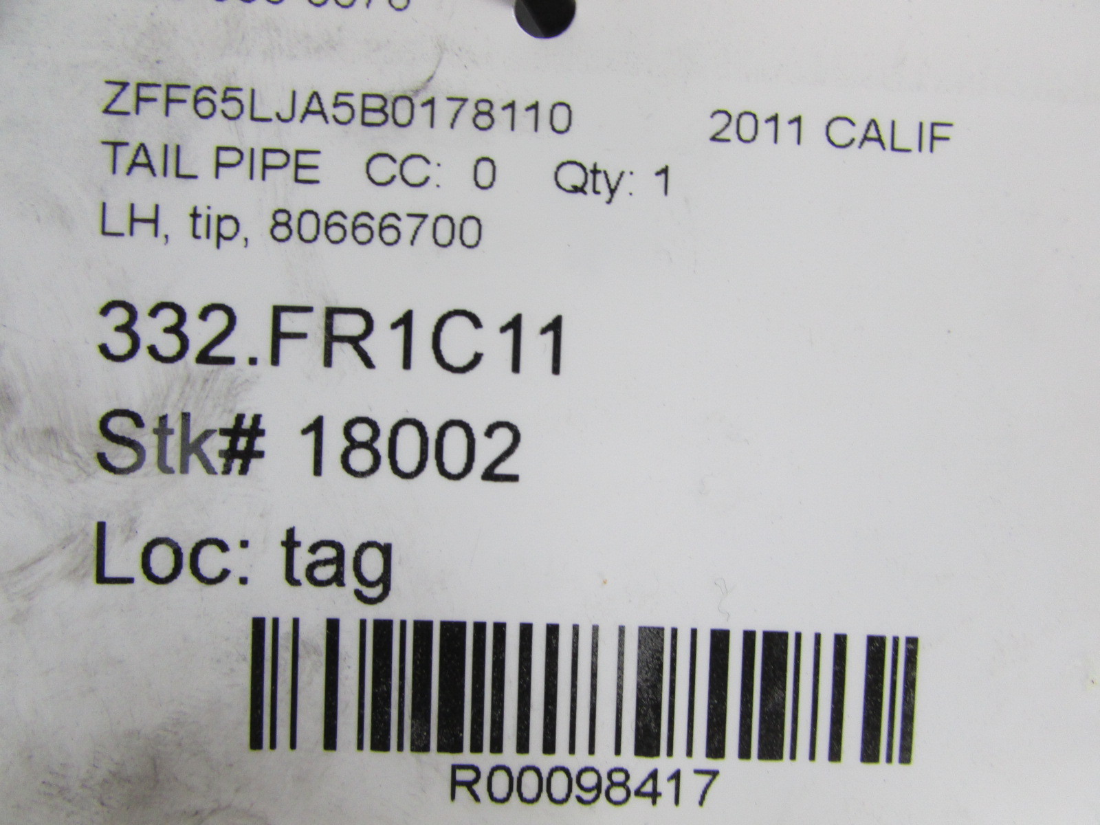 Ferrari California, LH, Left Tail Pipe, Used, P/N 80666700