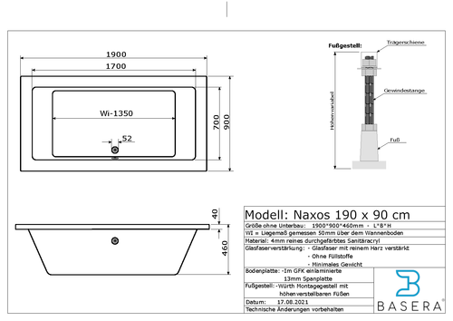Basera® BASIC Indoor Whirlpool Badewanne Naxos 190 x 90 cm mit 16 Massagedüse... - Bild 9 von 9