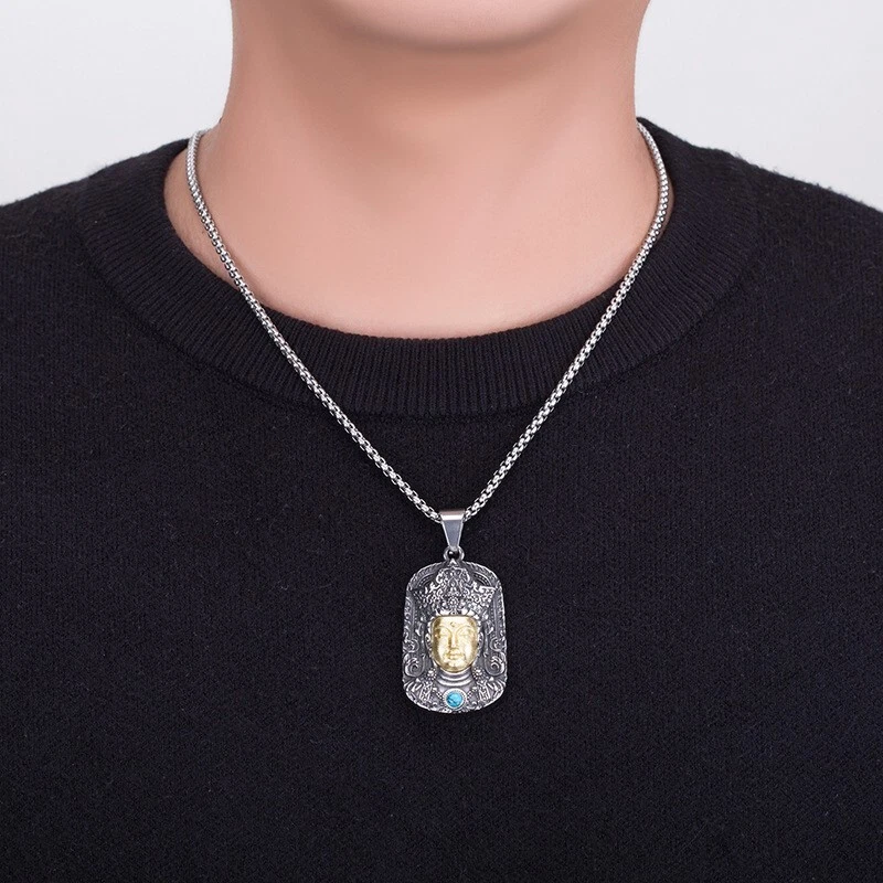 Amuleto budista masculino aço inoxidável cabeça de buda colar joia presente da sorte - Imagem 3 de 4
