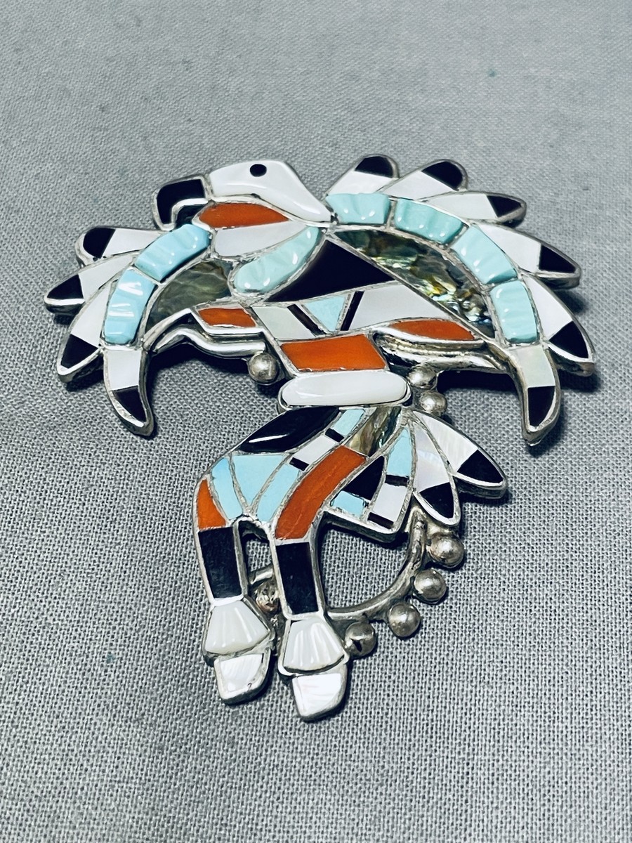 Larry Laate Vintage Native American Zuni Turquoise Inlay Dancer Sterling Silver Pin Pendant Larry Laate Vintage Native American Zuni Turquoise Inlay Dancer Sterling Silver Pin Pendant
