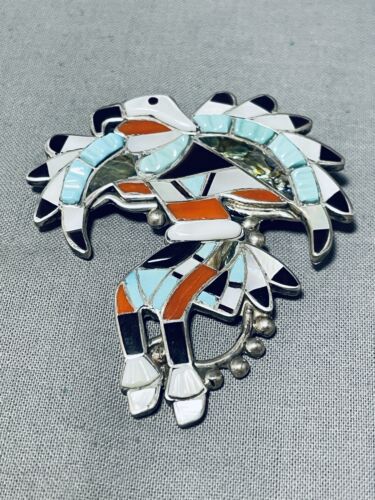 Larry Laate Vintage Native American Zuni Turquoise Inlay Dancer Sterling Silver Pin Pendant Larry Laate Vintage Native American Zuni Turquoise Inlay Dancer Sterling Silver Pin Pendant