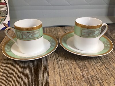 Czech Republic Porcelain Demitasse Cup & Saucer Green/ Gold Set Of 2 Art Deco