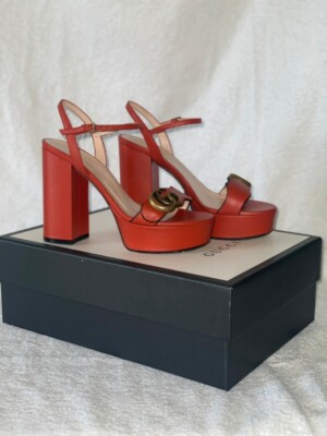 Gucci Marmont GG  Orange Leather Platform Sandals, Size 35/ US 5