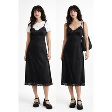 Black Lace Slip Dress Satin Midi Lingerie Y2K Goth Coquette Small Feminine