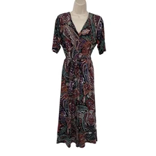 MSK Maxi Dress Womens Large Multicolor Paisley Print Belt Fall Autumn Polyester