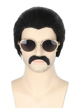 Mens Wigs Black Short Hair and Moustache Disco Wigs for Halloween Costume Wig