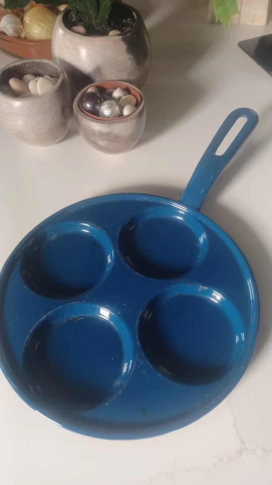vintage Enamel 4 Egg Blini pancake Pan Skillet Plate Blue Frying Griddle Copco - Image 2 of 4