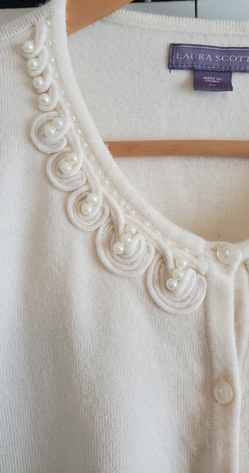 Womens Laura Scott Off White Rosette And Pearl Neck Button Down Cardigan Small thumbnail 4