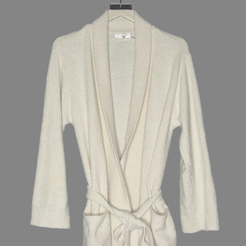 Bata de felpa de hueso crema Natori M para mujer manga larga con cinturón bolsillos para salón Foto 4 de 4