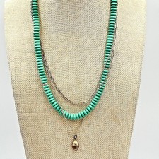 VTG Teal Green Beaded Triple Layer Layered Statement Necklace Gold Tone Pendant